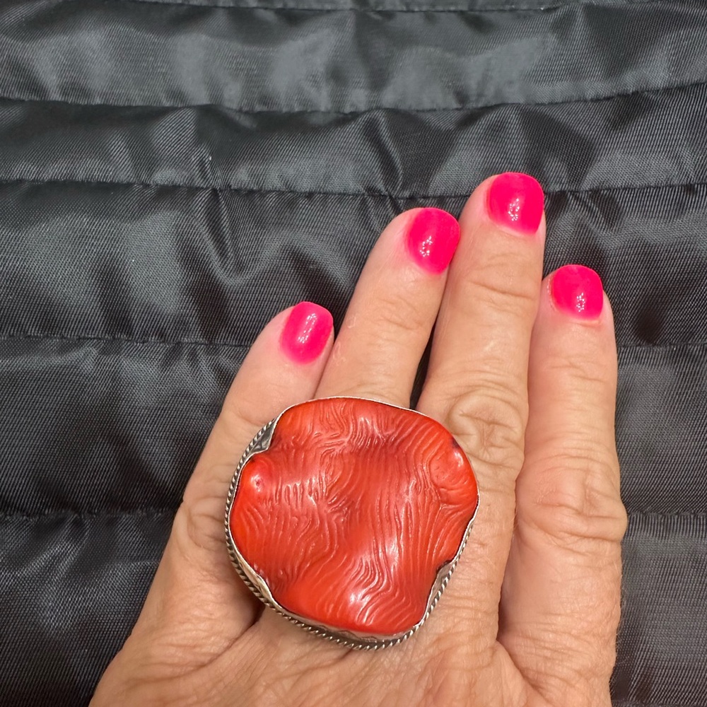 Signed 925 Silver & Red Ring - image 2